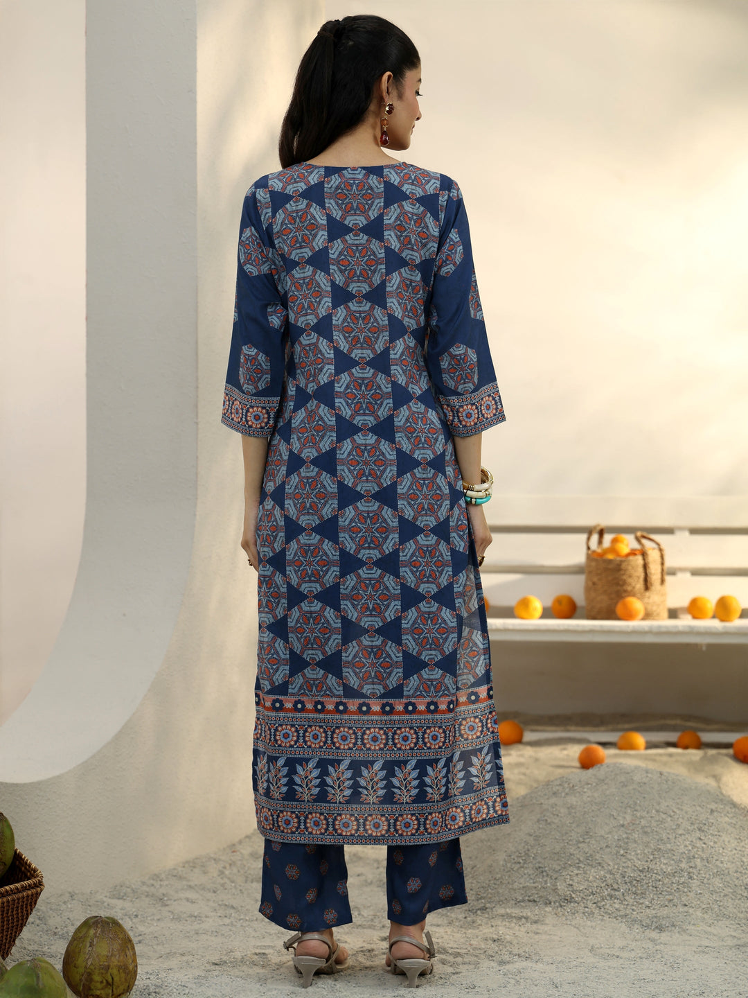 Blue Ethnic Printed Cotton Blend Straight Kurta Set