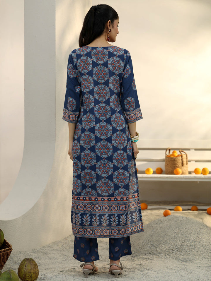 Blue Ethnic Printed Cotton Blend Straight Kurta Set