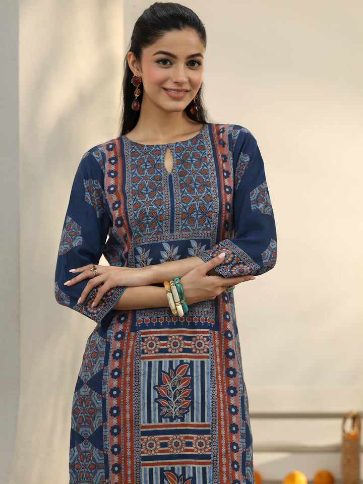 Blue Ethnic Printed Cotton Blend Straight Kurta Set