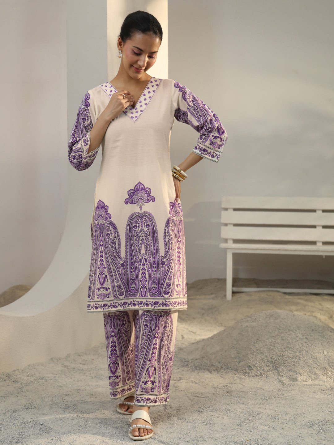 Off White Ethnic Printed Cotton Co-Ord Set