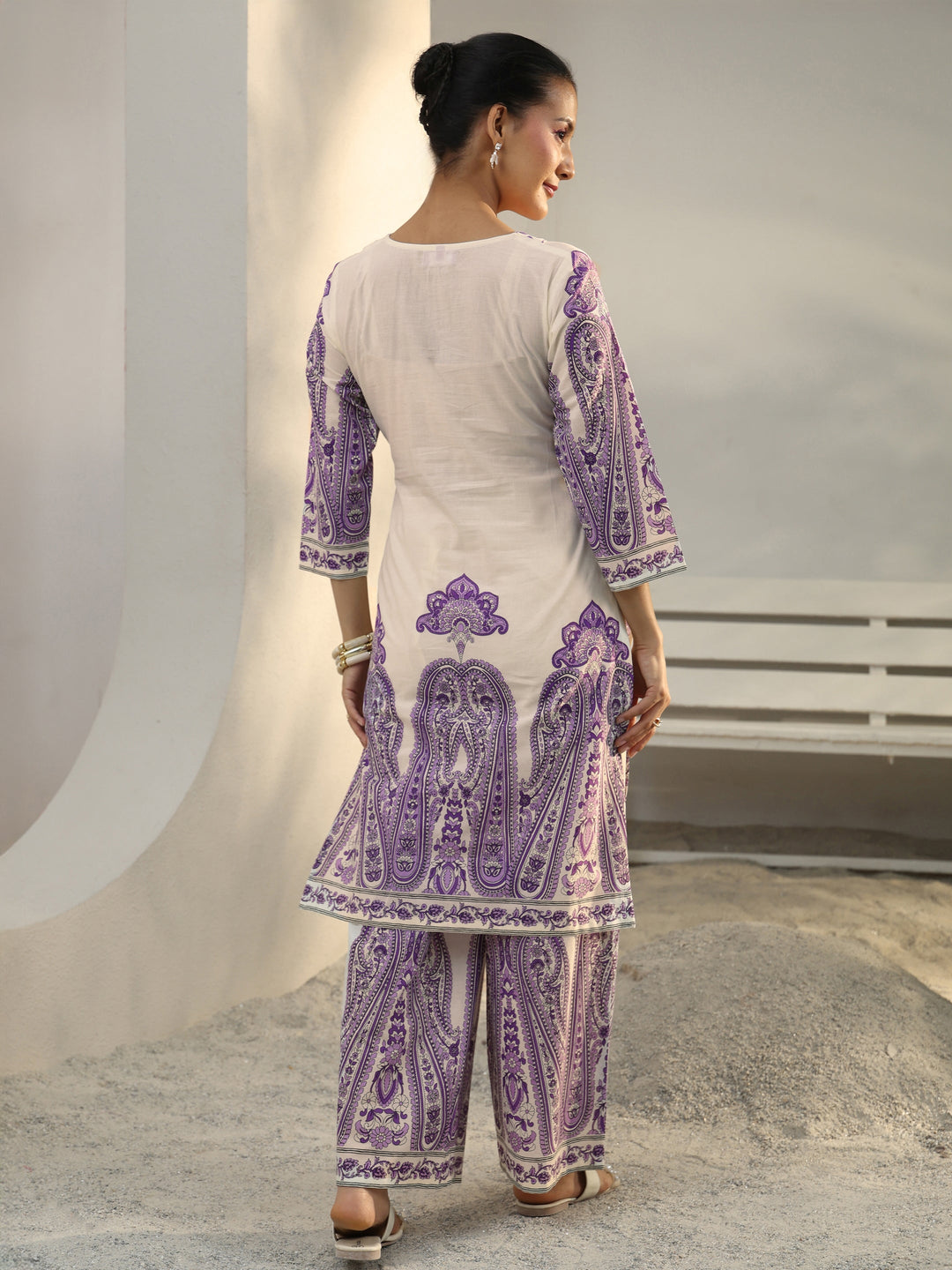 Off White Ethnic Printed Cotton Co-Ord Set