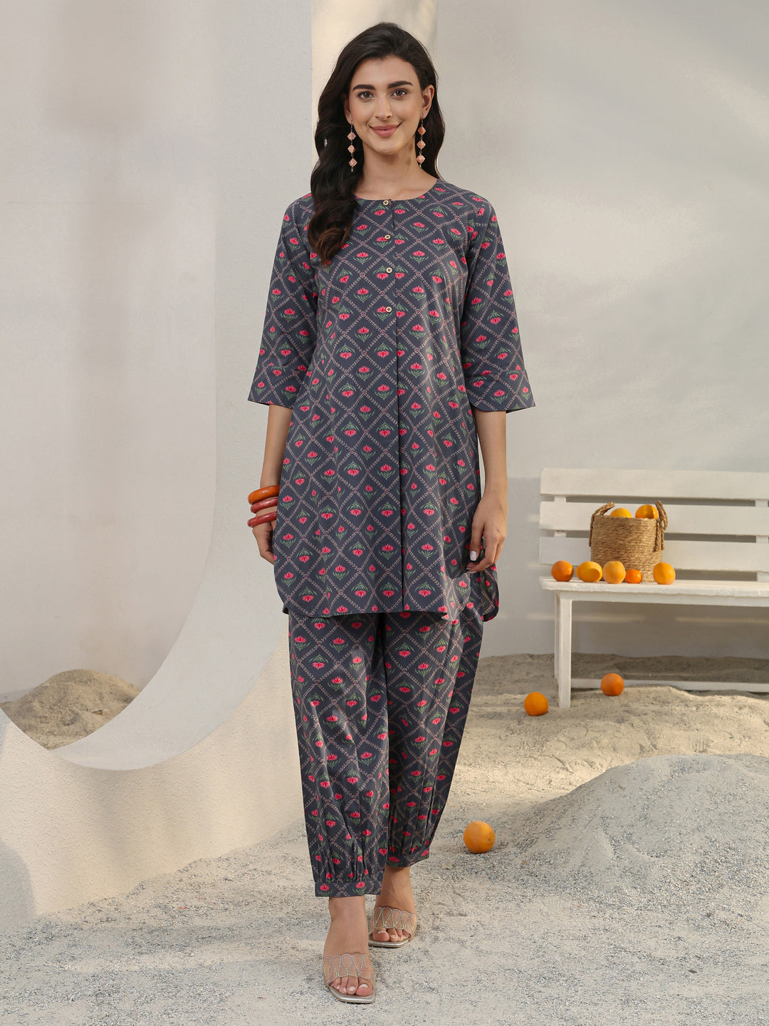 Grey Floral Printed Cotton Co-Ord Set