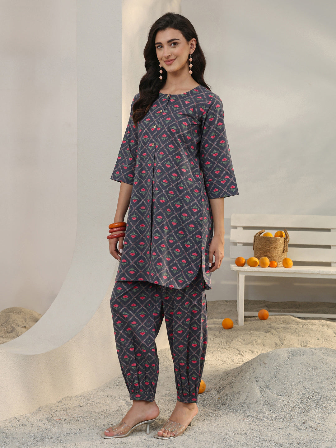 Grey Floral Printed Cotton Co-Ord Set