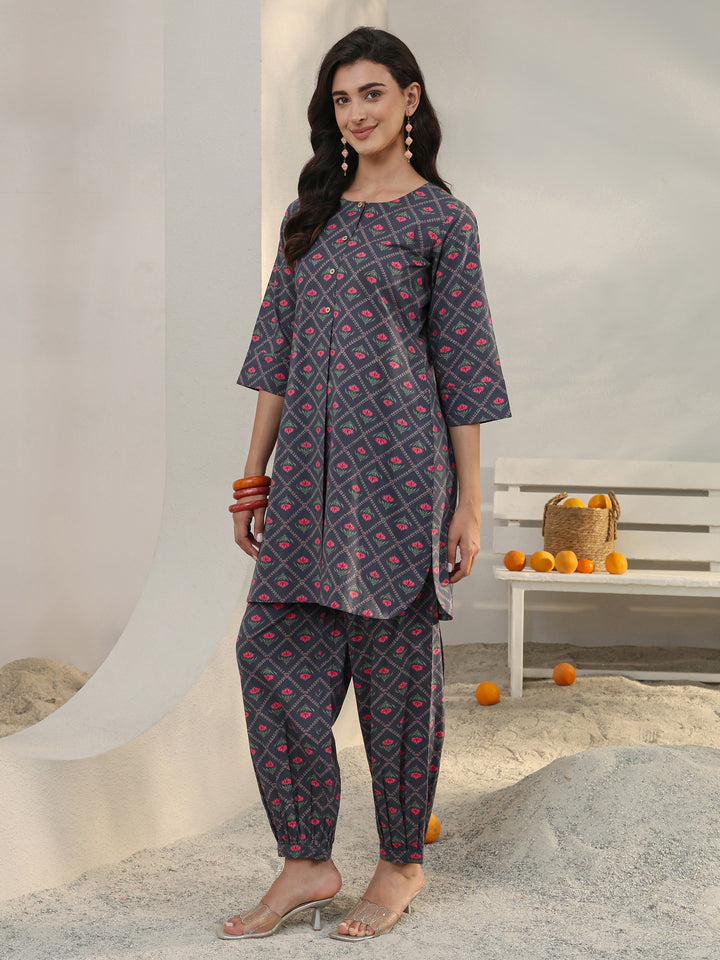 Grey Floral Printed Cotton Co-Ord Set
