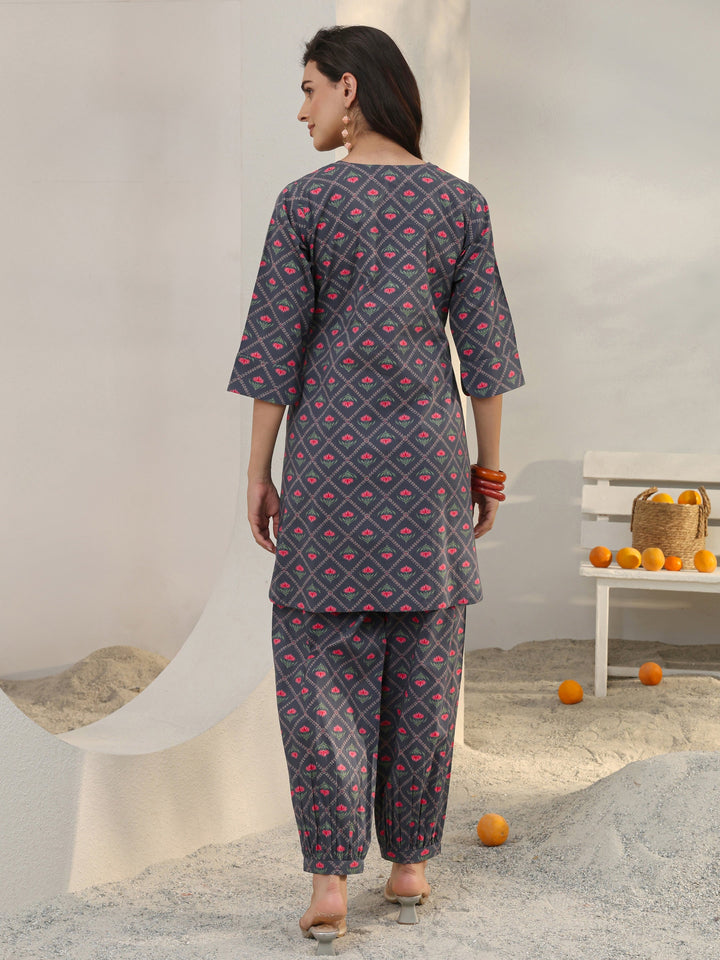 Grey Floral Printed Cotton Co-Ord Set