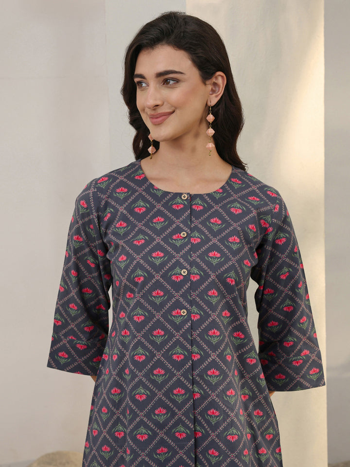 Grey Floral Printed Cotton Co-Ord Set