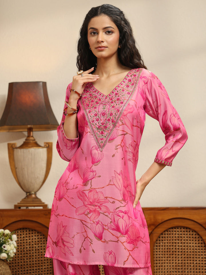 Pink Floral Print Silk Blend Co-Ord Set