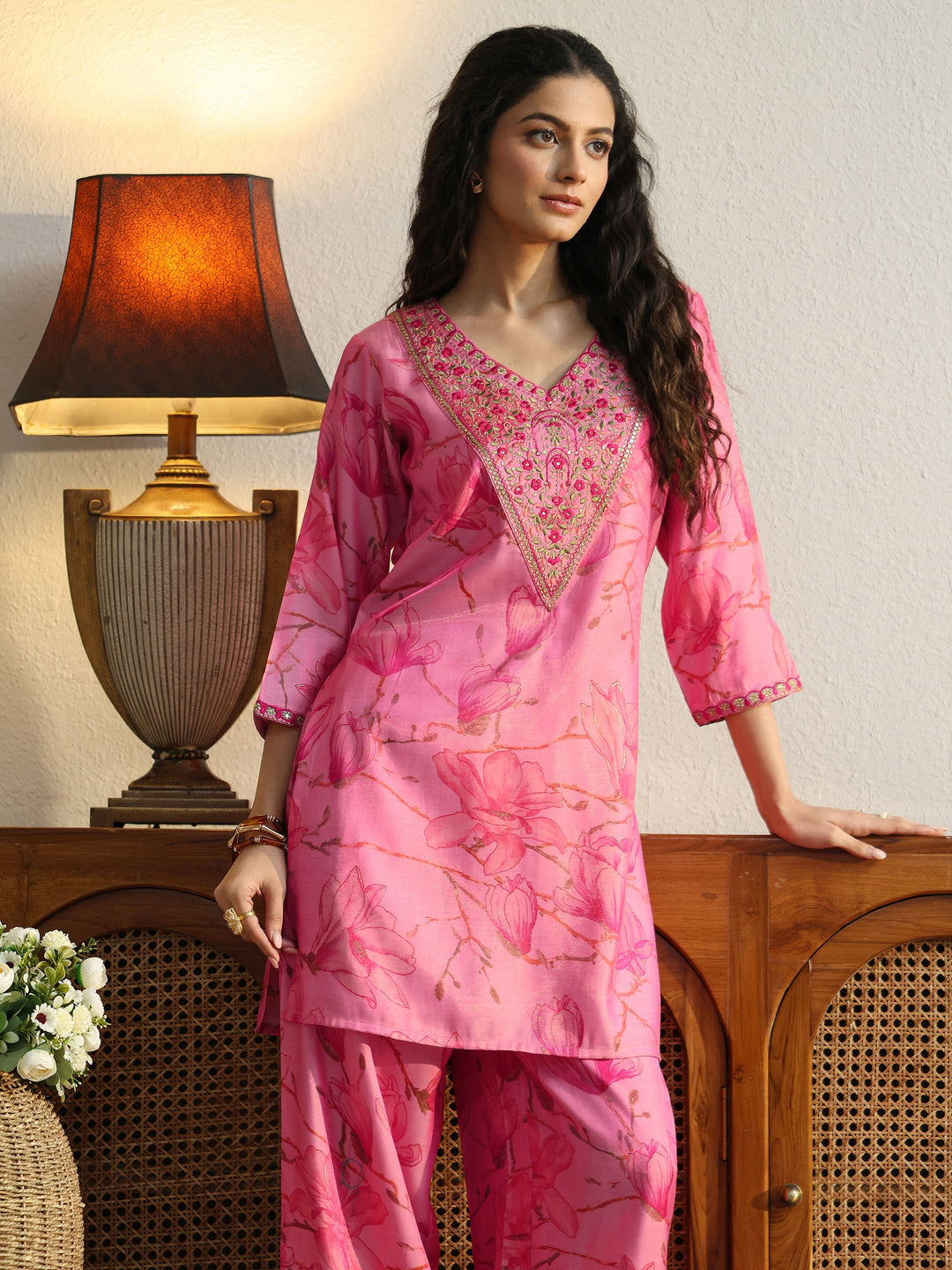 Pink Floral Print Silk Blend Co-Ord Set