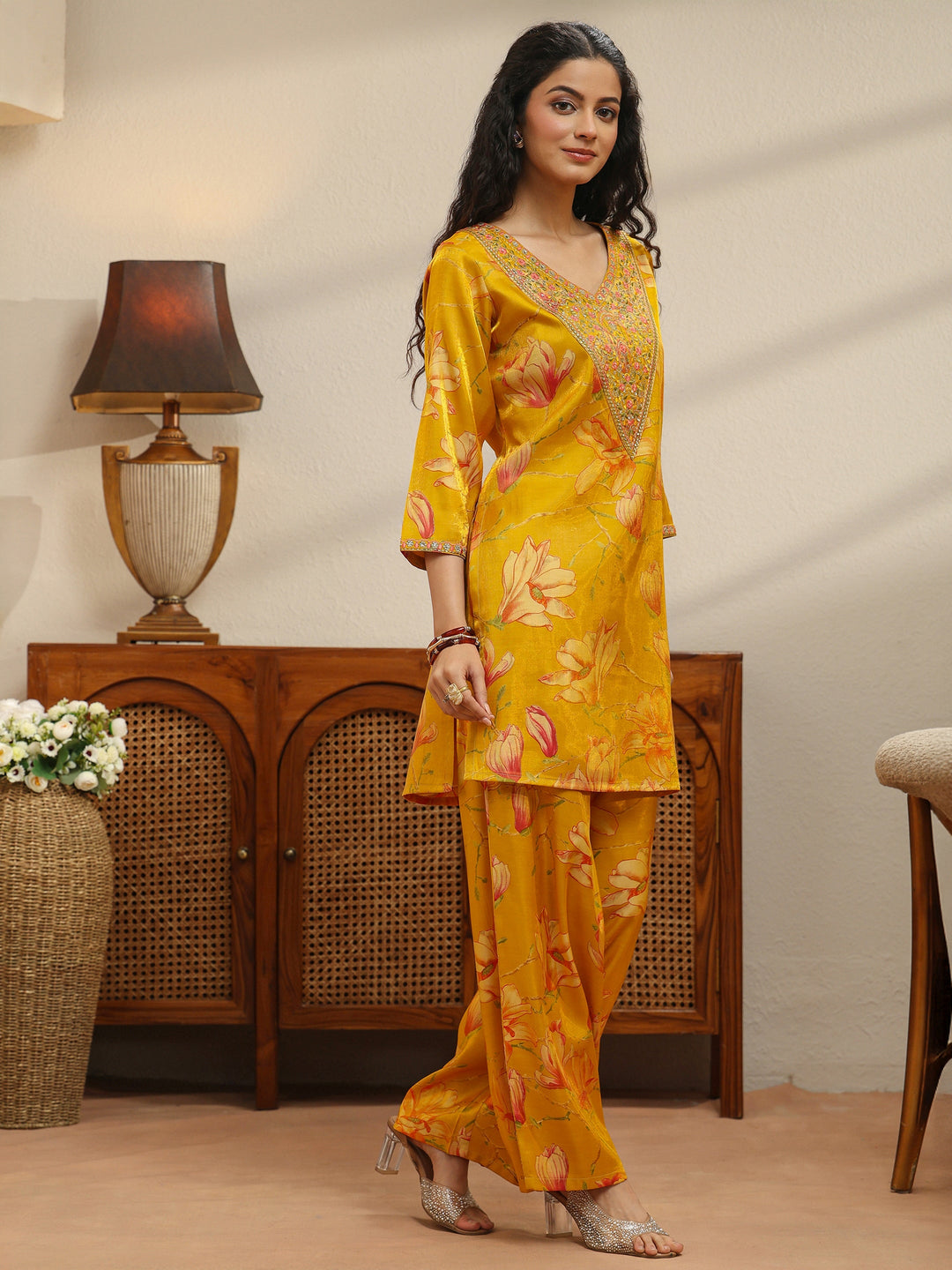 Mustard Floral Print Silk Blend Co-Ord Set