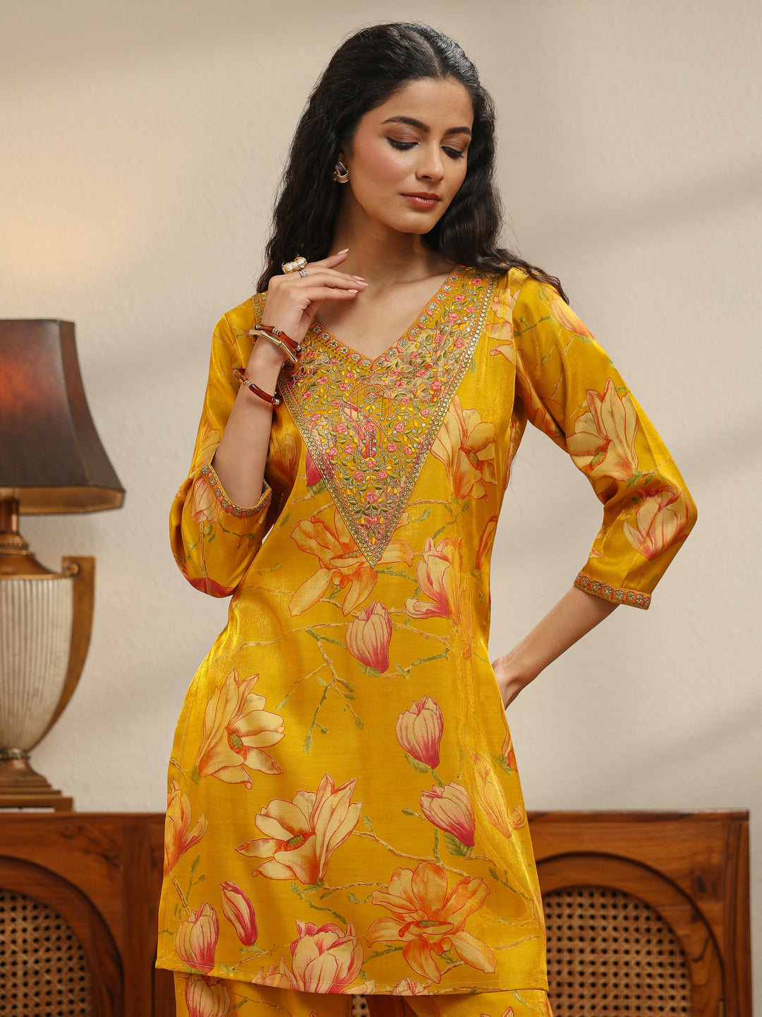 Mustard Floral Print Silk Blend Co-Ord Set