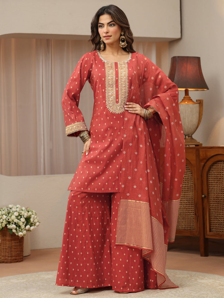 Vermillion Orange Woven Design Chanderi Silk Palazzo Suit Set
