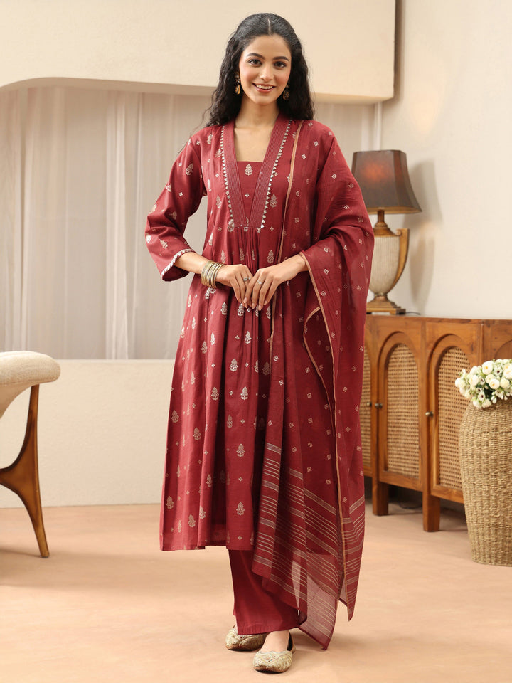 Terracotta Red Woven Design Chanderi Silk A-Line Suit Set