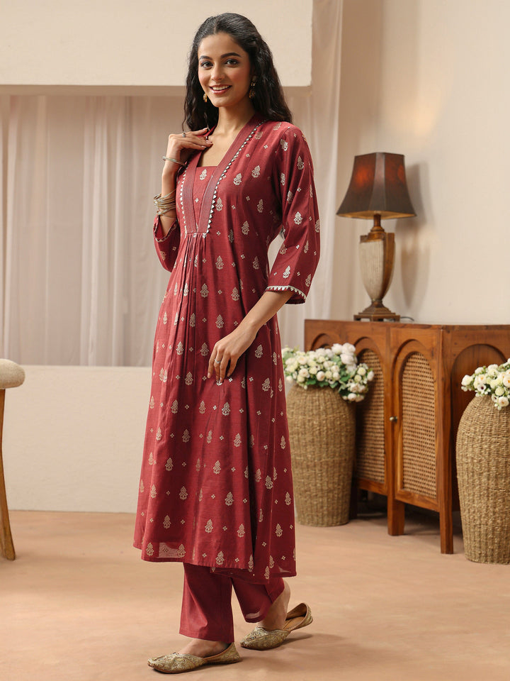 Terracotta Red Woven Design Chanderi Silk A-Line Suit Set