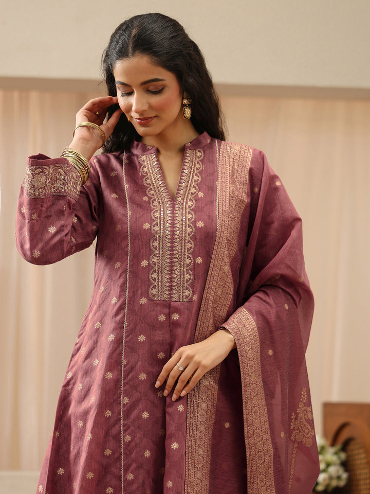 Vintage Pink Woven Design Chanderi Silk A-Line Suit Set