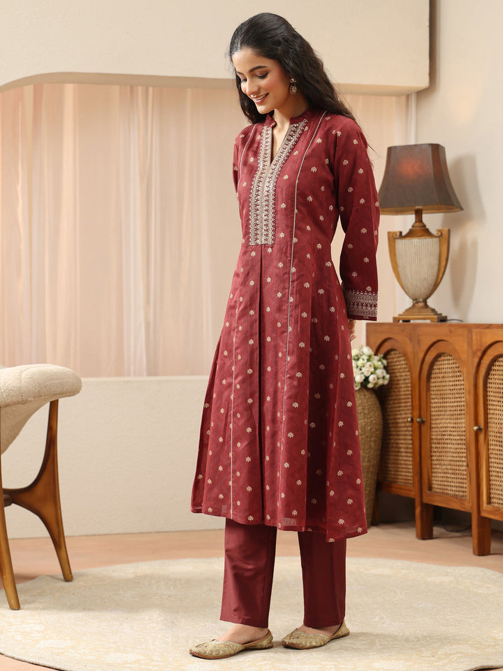 Maroon Woven Design Chanderi Silk A-Line Suit Set
