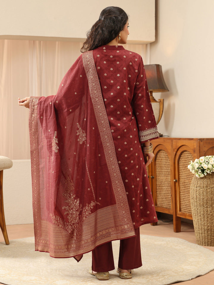 Maroon Woven Design Chanderi Silk A-Line Suit Set