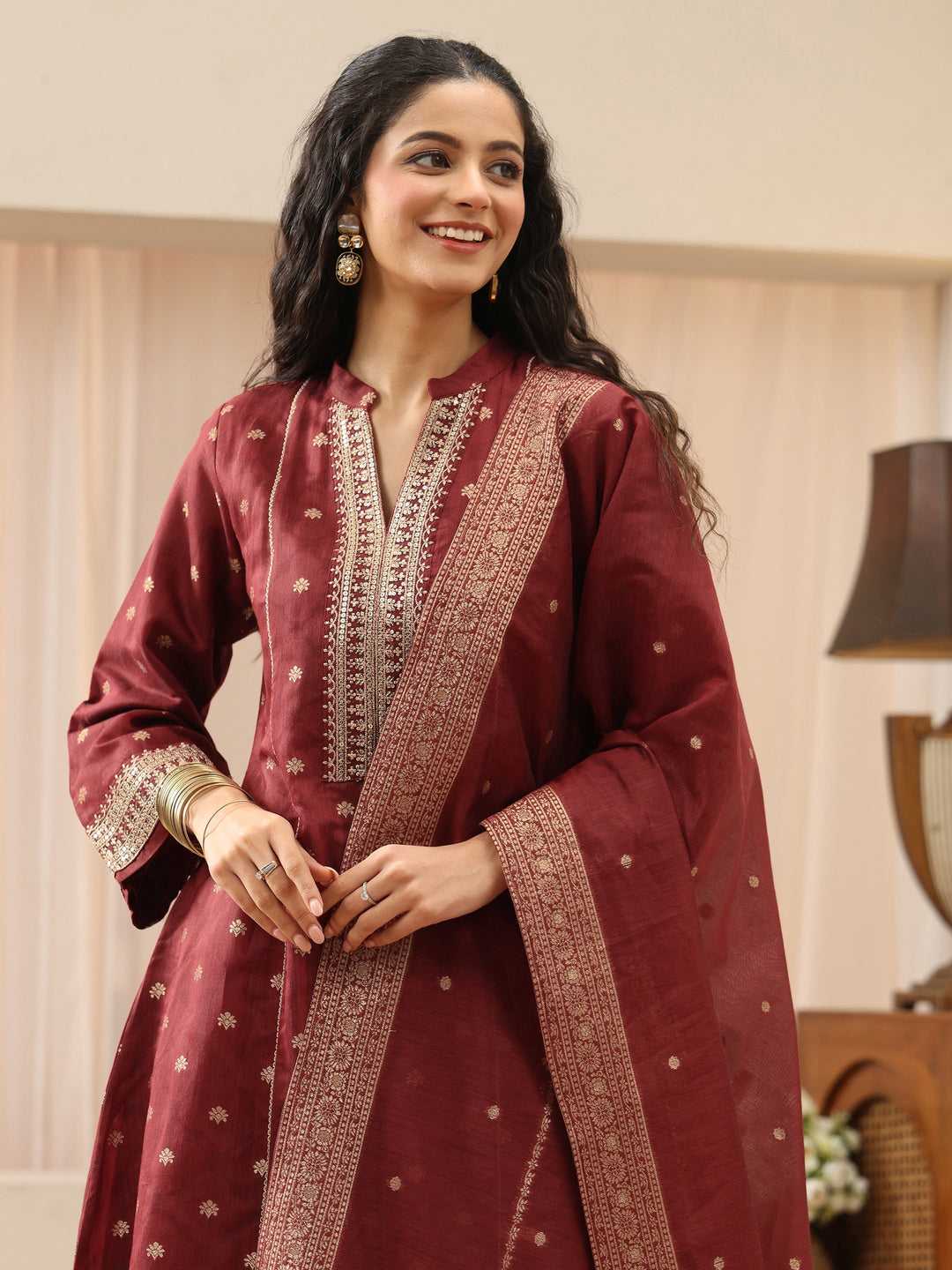 Maroon Woven Design Chanderi Silk A-Line Suit Set