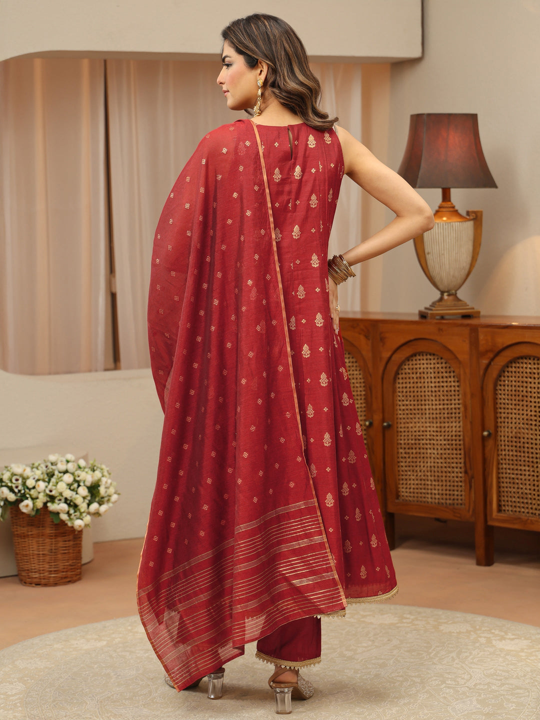 Terracotta Red Woven Design Chanderi Silk A-Line Sleeveless Suit Set