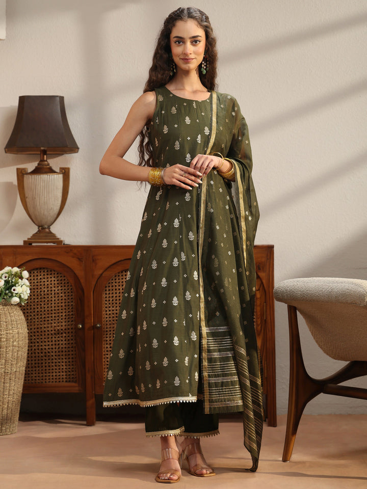 Olive Green Woven Design Chanderi Silk A-Line Sleeveless Suit Set