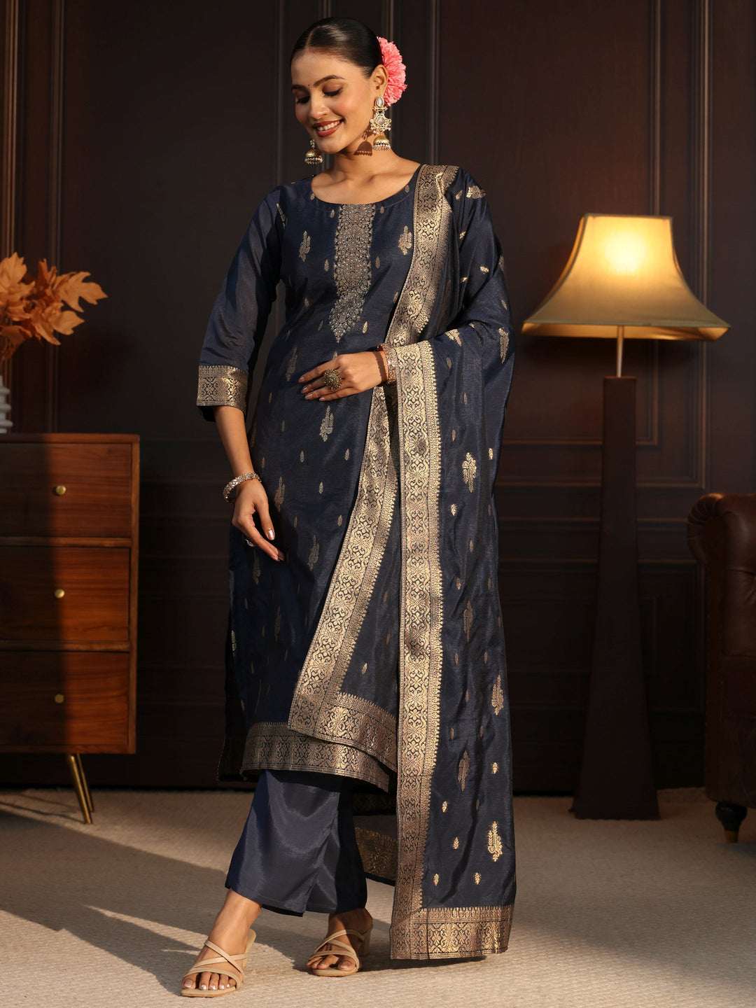 Libas Navy Blue Ethnic Woven Chanderi Silk Straight Suit Set