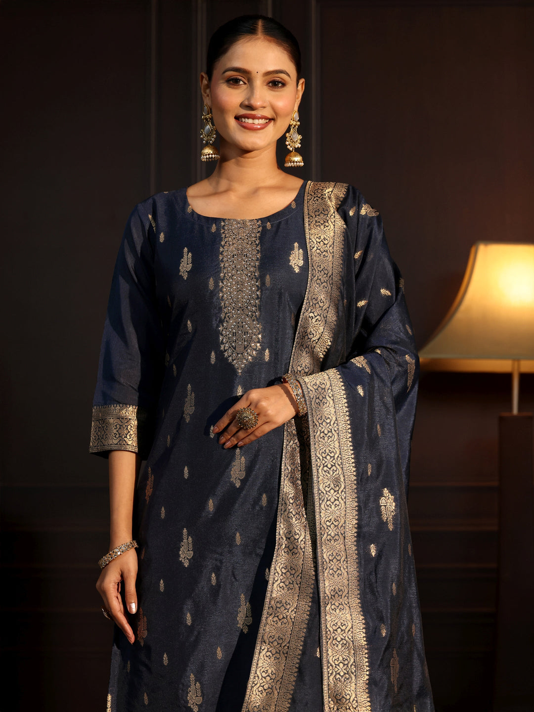 Libas Navy Blue Ethnic Woven Chanderi Silk Straight Suit Set