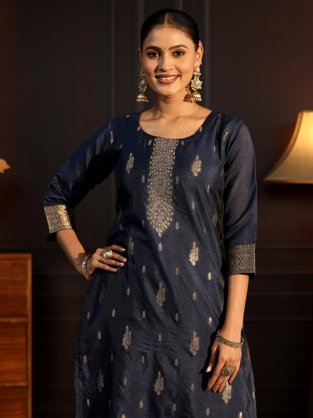 Libas Navy Blue Ethnic Woven Chanderi Silk Straight Suit Set