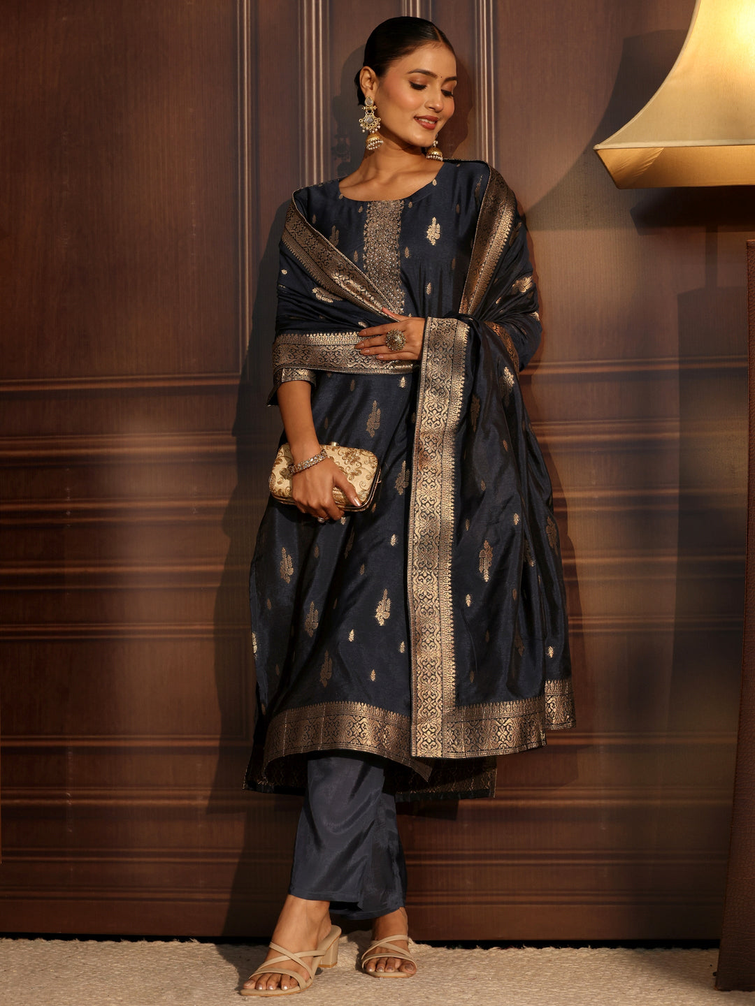 Libas Navy Blue Ethnic Woven Chanderi Silk Straight Suit Set