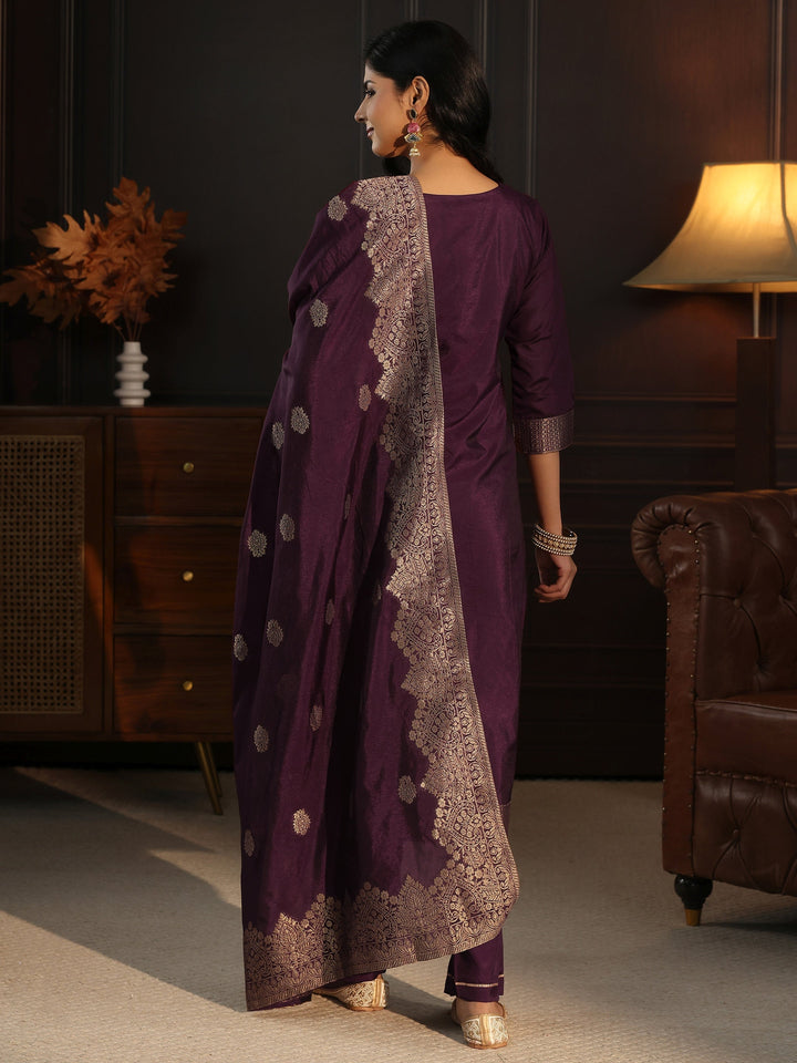 Libas Burgundy Printed Chanderi Silk Straight Suit Set