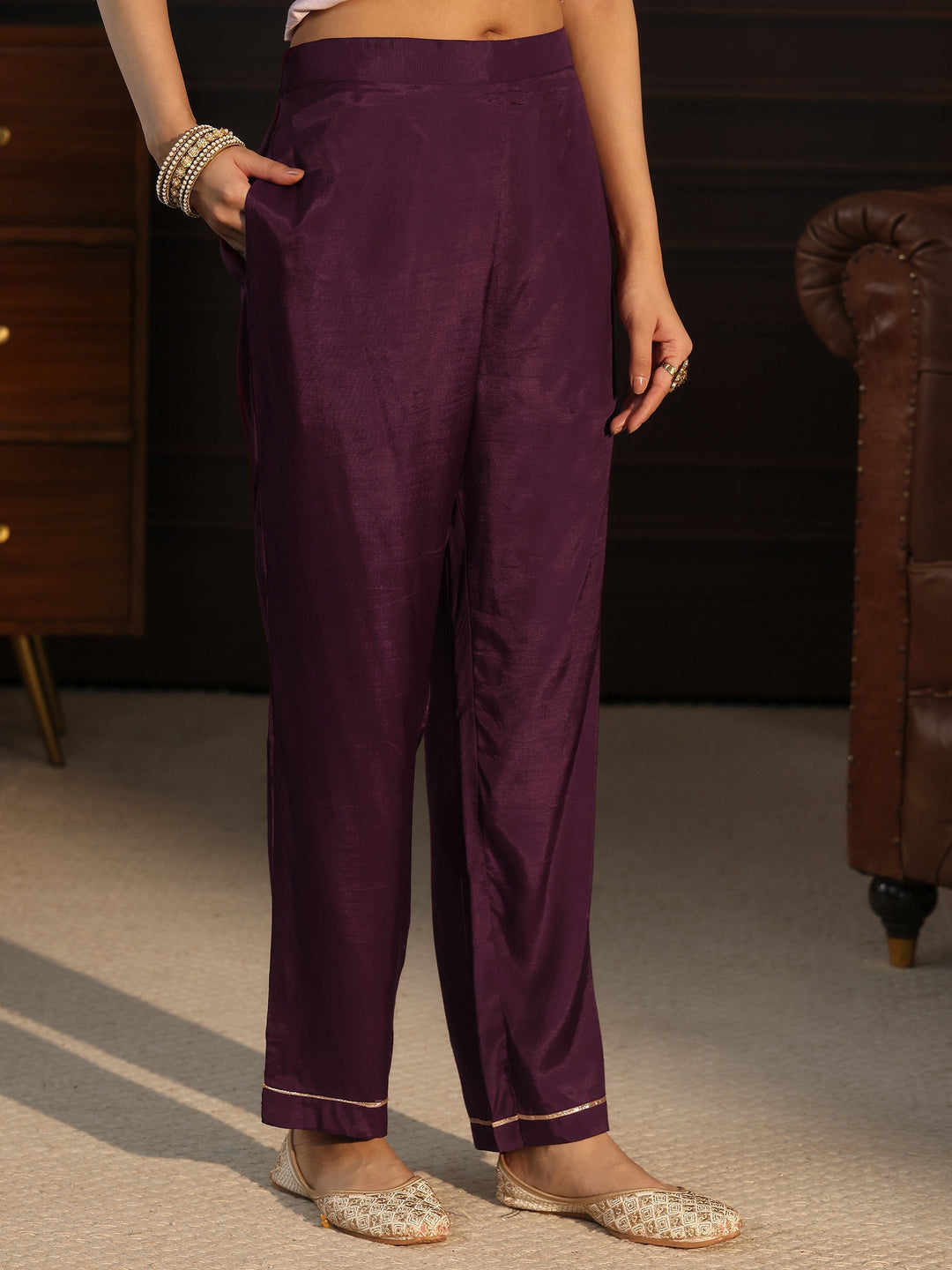 Libas Burgundy Printed Chanderi Silk Straight Suit Set