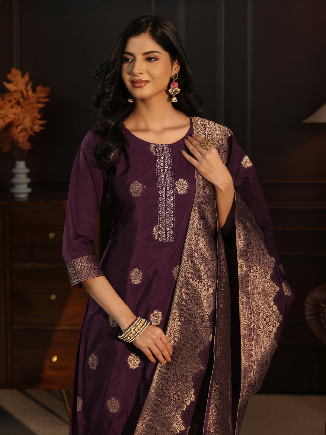 Libas Burgundy Printed Chanderi Silk Straight Suit Set