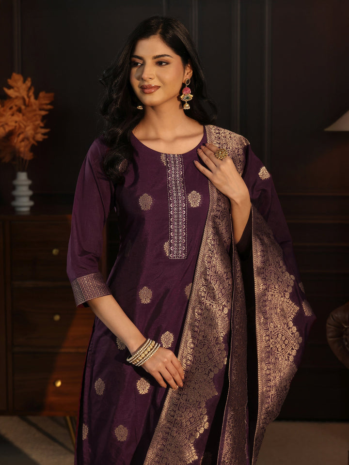 Libas Burgundy Printed Chanderi Silk Straight Suit Set