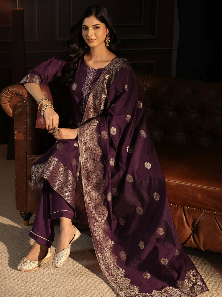 Libas Burgundy Printed Chanderi Silk Straight Suit Set