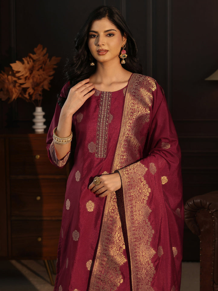 Libas Maroon Printed Chanderi Silk Straight Suit Set