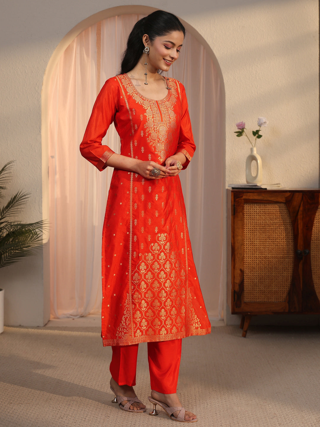 Libas Orange Floral Woven Design Chanderi Silk Straight Suit Set
