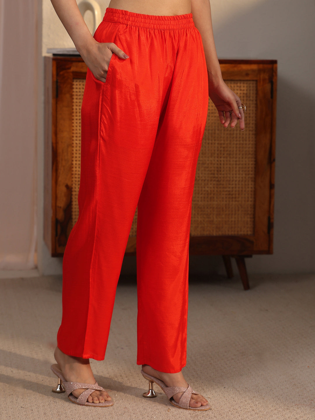 Libas Orange Floral Woven Design Chanderi Silk Straight Suit Set
