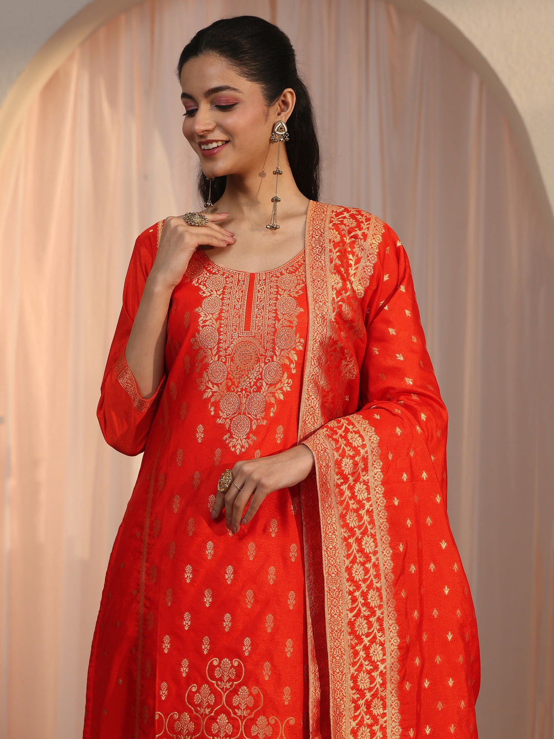 Libas Orange Floral Woven Design Chanderi Silk Straight Suit Set