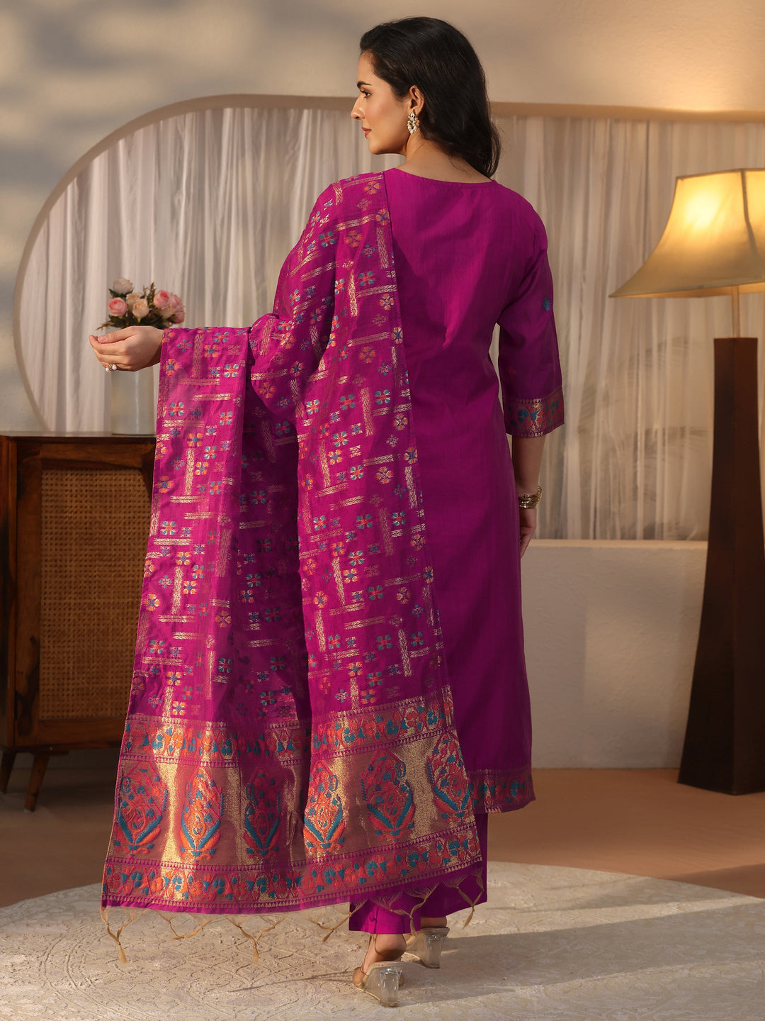 Libas Pink Ethnic Woven Design Chanderi Silk Straight Suit Set