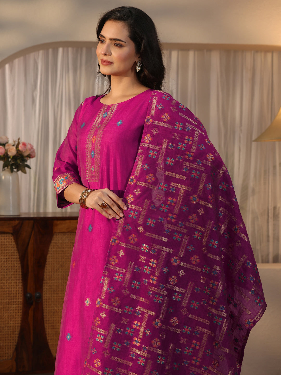 Libas Pink Ethnic Woven Design Chanderi Silk Straight Suit Set