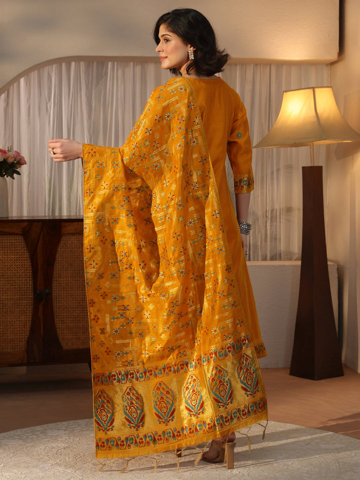 Libas Mustard Ethnic Woven Design Chanderi Silk Straight Suit Set