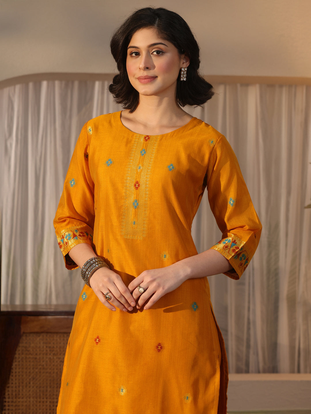 Libas Mustard Ethnic Woven Design Chanderi Silk Straight Suit Set