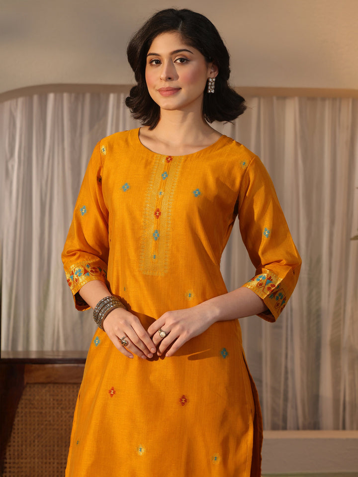 Libas Mustard Ethnic Woven Design Chanderi Silk Straight Suit Set
