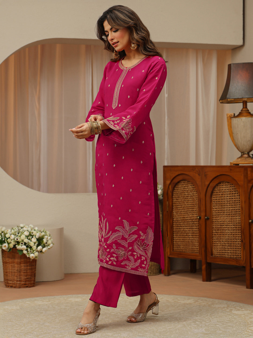 Pink Chanderi Silk Straight Suit Set With Embroidered Hem