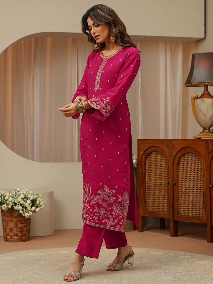 Pink Chanderi Silk Straight Suit Set With Embroidered Hem