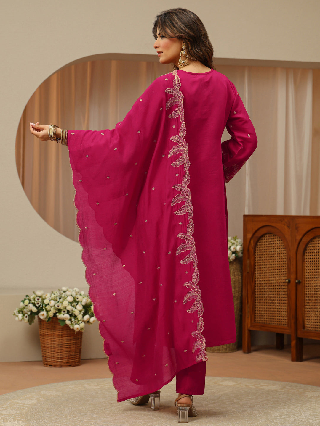 Pink Chanderi Silk Straight Suit Set With Embroidered Hem