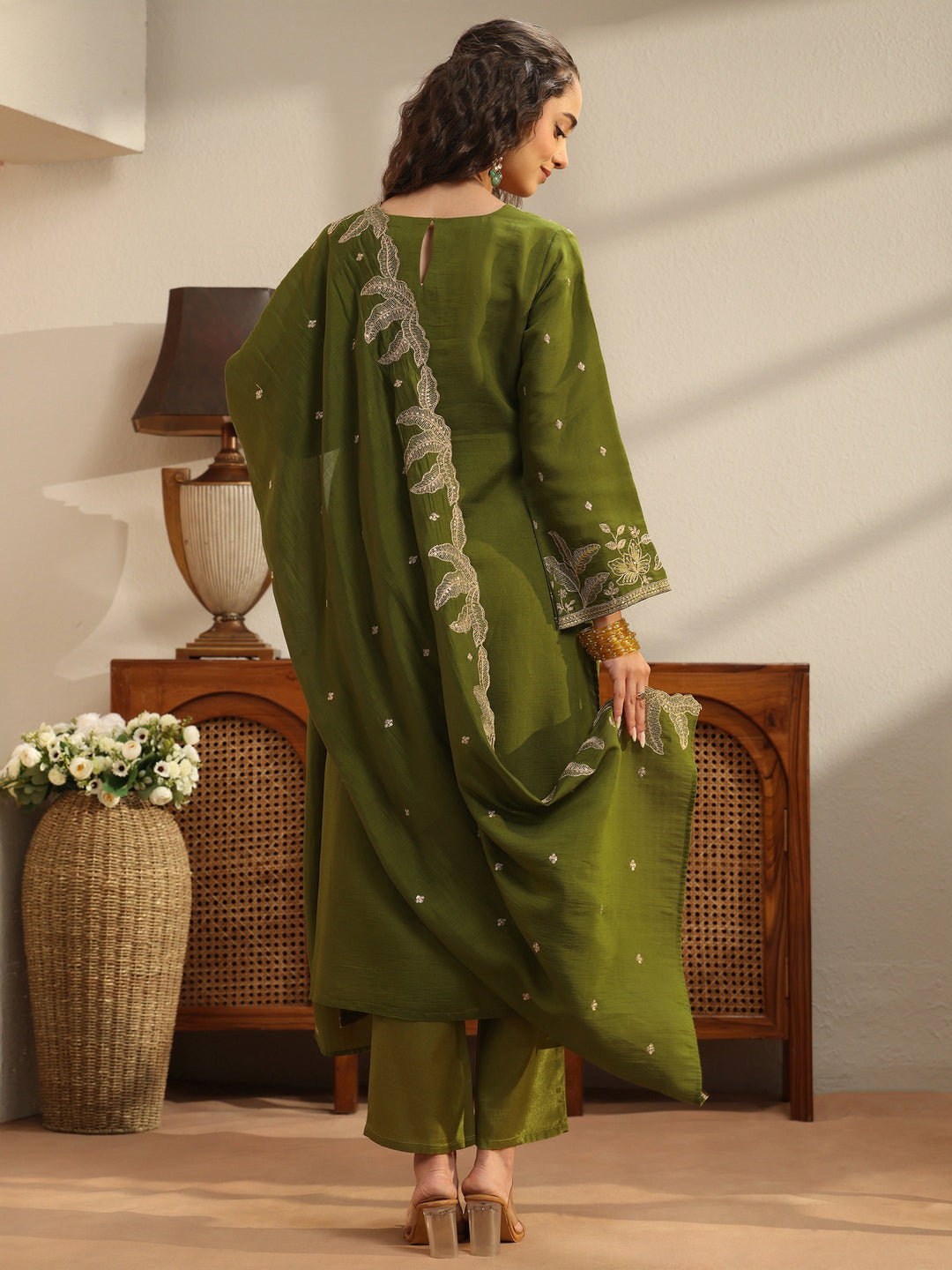 Green Chanderi Silk Straight Suit Set With Embroidered Hem