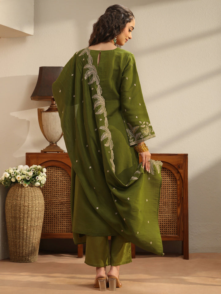 Green Chanderi Silk Straight Suit Set With Embroidered Hem