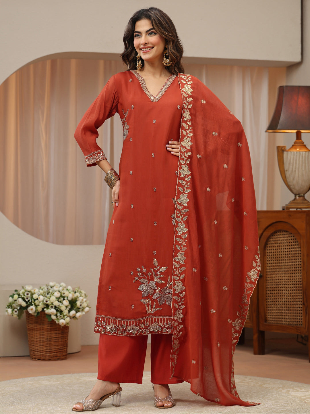Burnt Orange Embellished Chanderi Silk Straight Suit Set