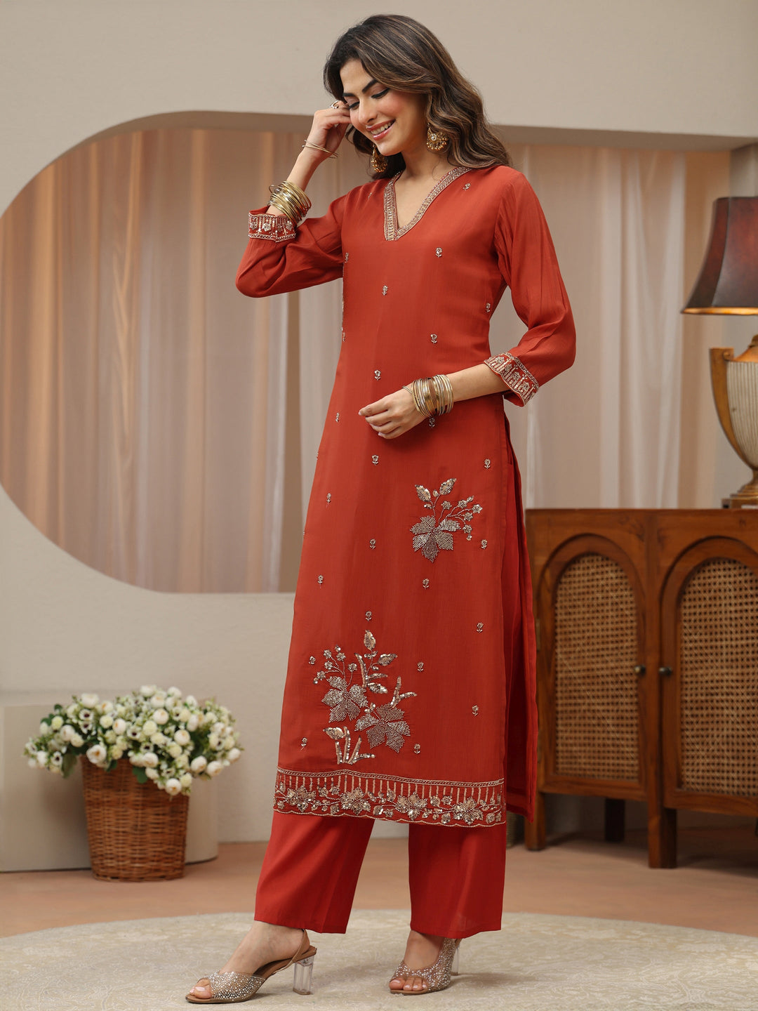 Burnt Orange Embellished Chanderi Silk Straight Suit Set
