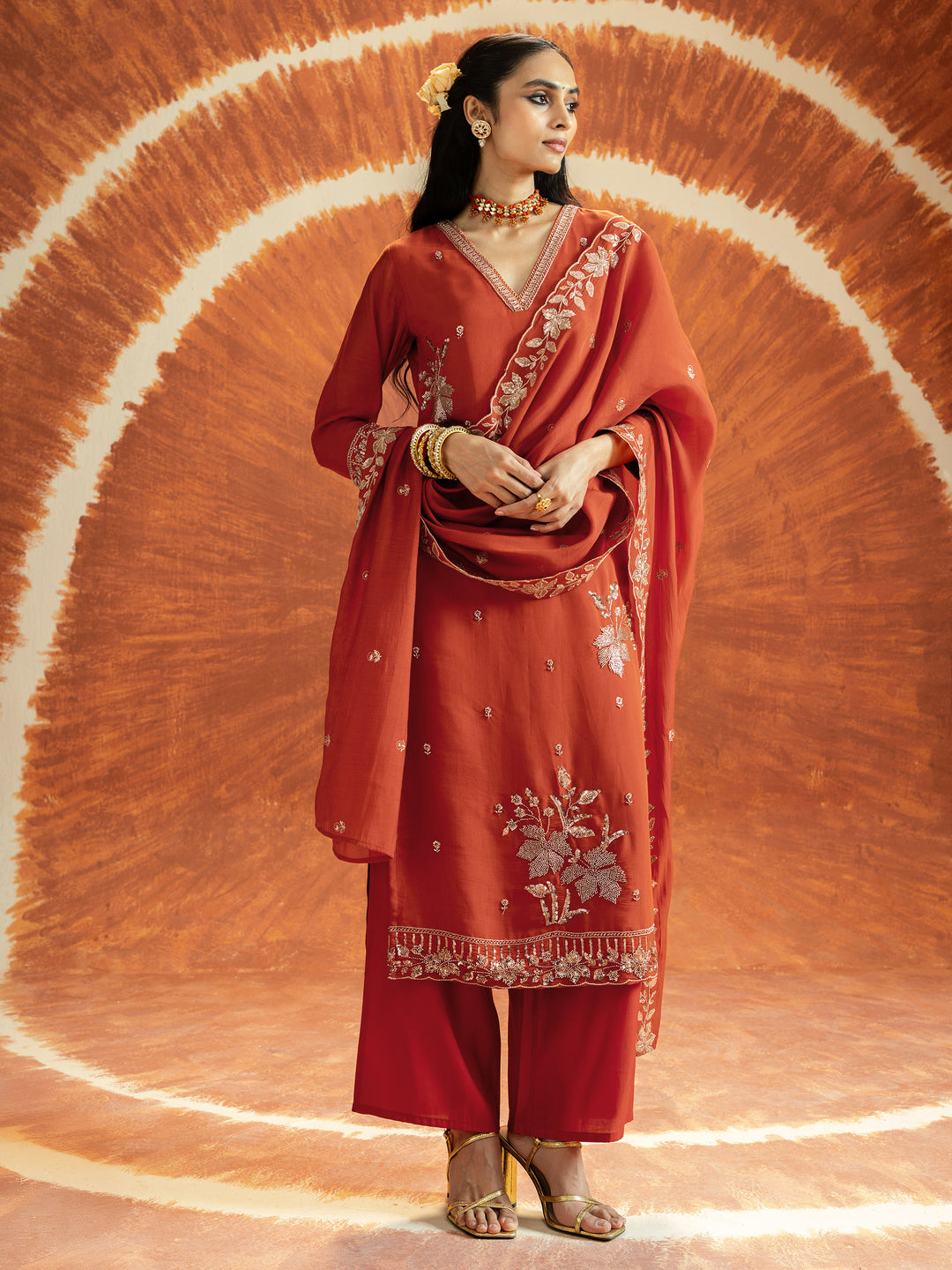 Libas Riddhi Burnt Orange Embellished Chanderi Silk Straight Suit Set