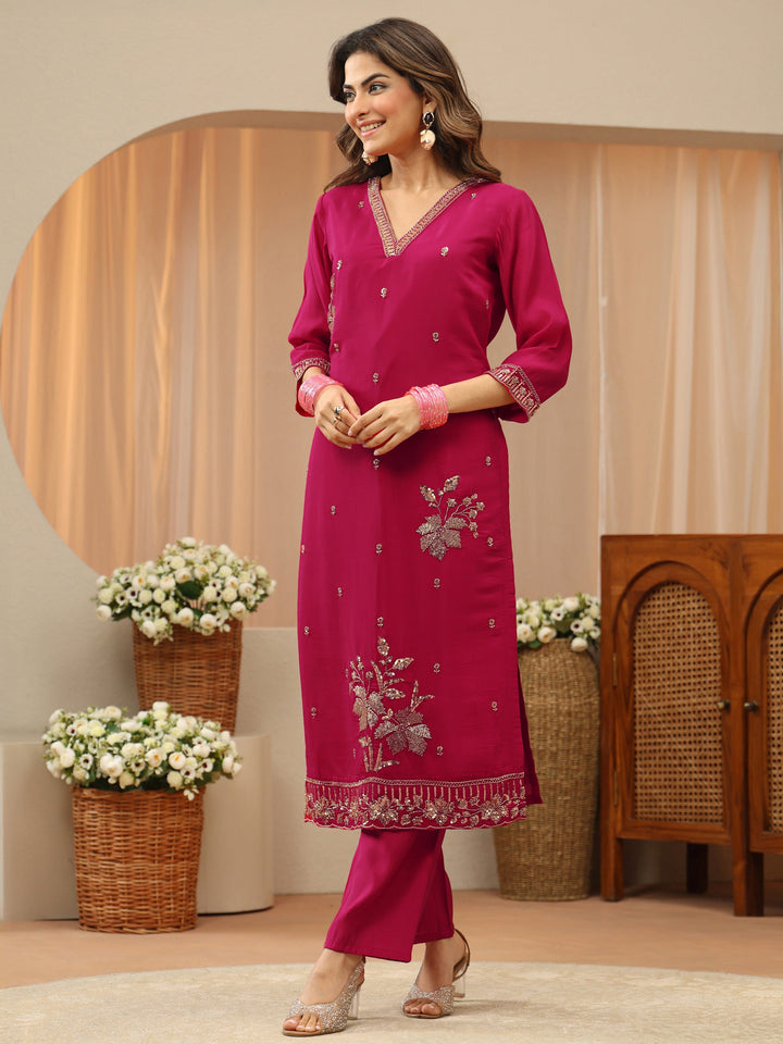 Magenta Embellished Chanderi Silk Straight Suit Set